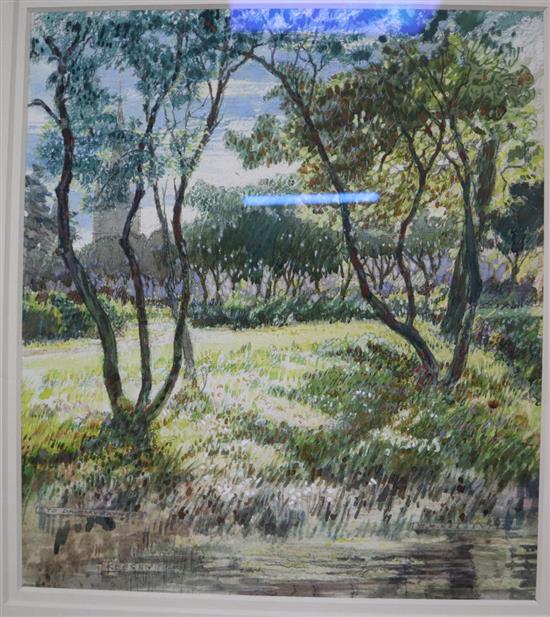 Walter Monckton Keesey (1887-?), watercolour, Trees on a riverbank, church beyond, signed and inscribed To Dr Mary Rayner, 27 x 23.5c